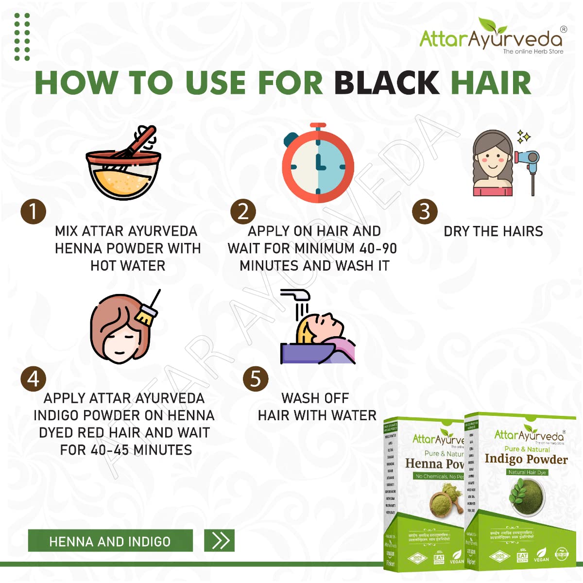 Natural Black Hair Dye - Henna & Indigo Powder Combo, 400g