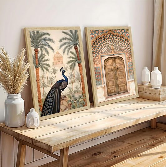 Floral Wall Painting Set of 2 - Multicolor Peacock Art with Natural Wood Frames - 12x18 inches Each