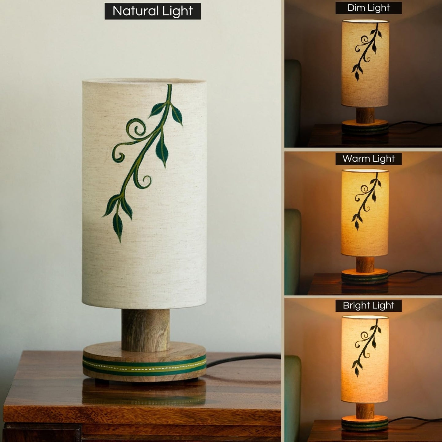 Table Lamp Handcrafted Mango Wood Off-White with Green 12 Inch CFL/LED