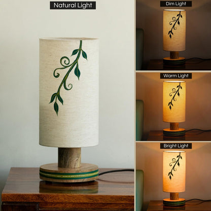 Table Lamp Handcrafted Mango Wood Off-White with Green 12 Inch CFL/LED