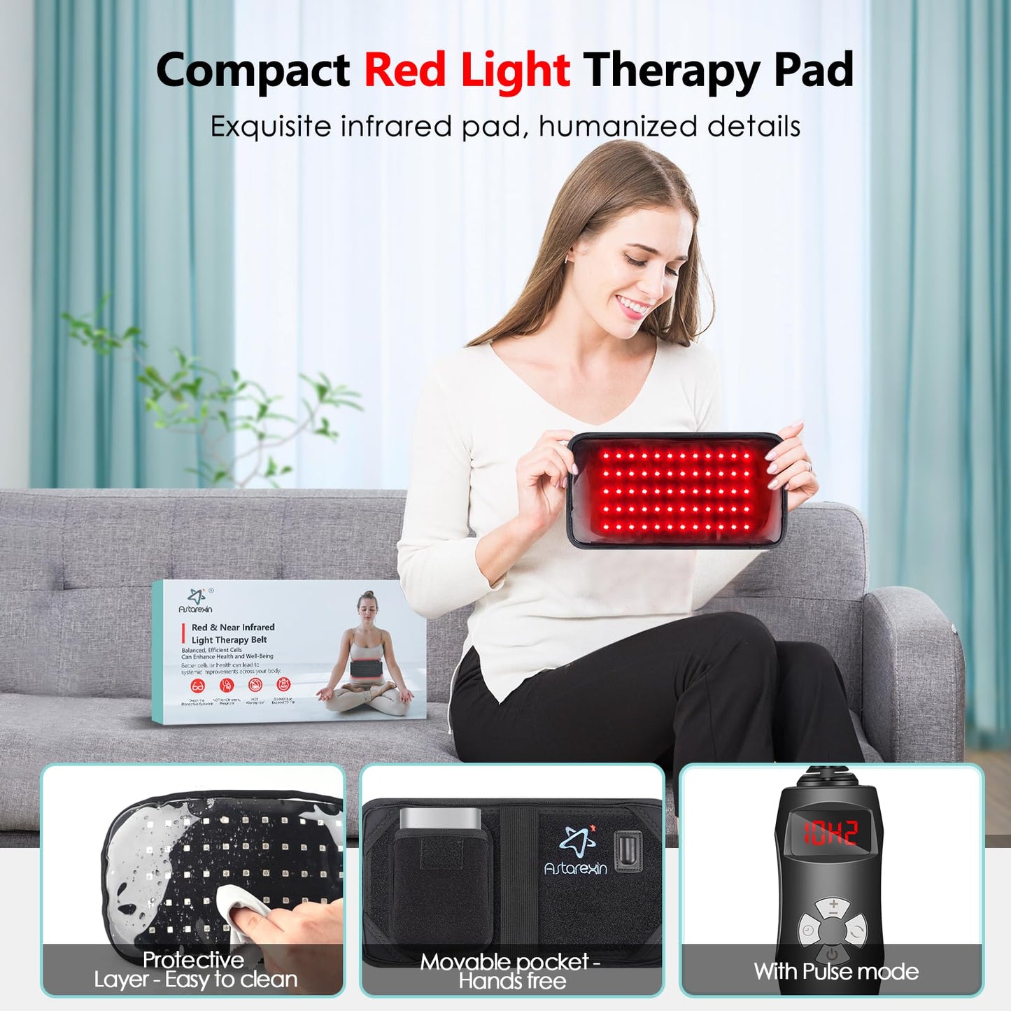 Red Light Therapy Belt with 660nm & 850nm LEDs, 30 Min Timer, Detachable Washable Pad for Back & Shoulder