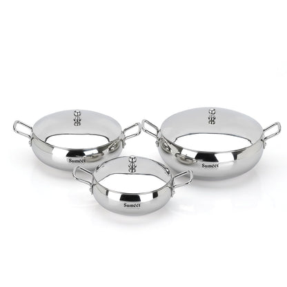 Sumeet Stainless Steel Apple Shape Cook and Serve Handi Set with Lid and Handle|3 Pieces - 650ml, 1150ml & 1700ml