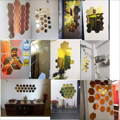 Hexagon Acrylic Mirror Sticker - Decorative Wall Mirror - Gold Finish - 20 Pieces