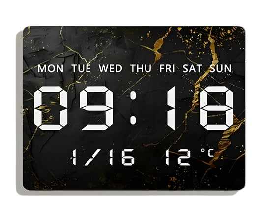 Digital Wall Clock with LED Display, 27x20cm, Black & Gold, USB Powered