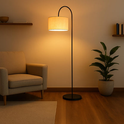 Floor Lamp with Handwoven Jute Shade, Black Metal Frame, 150 cm Height, LED Compatible