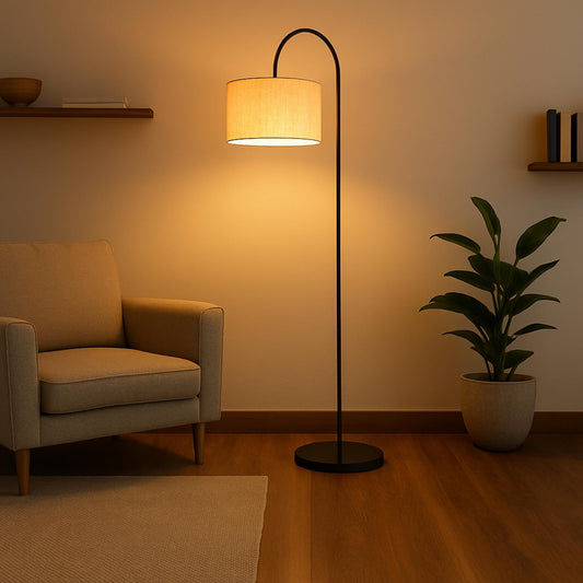 Floor Lamp with Handwoven Jute Shade, Black Metal Frame, 150 cm Height, LED Compatible