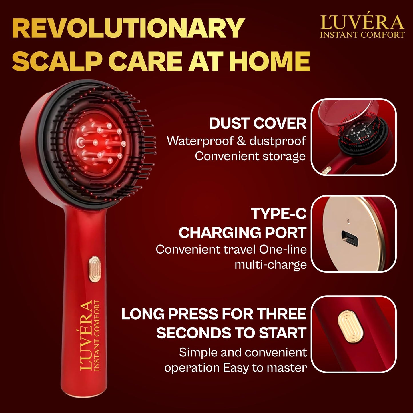Red Light Therapy Scalp Massager Comb - 660nm Wavelength, USB Rechargeable, Waterproof, Multicolor