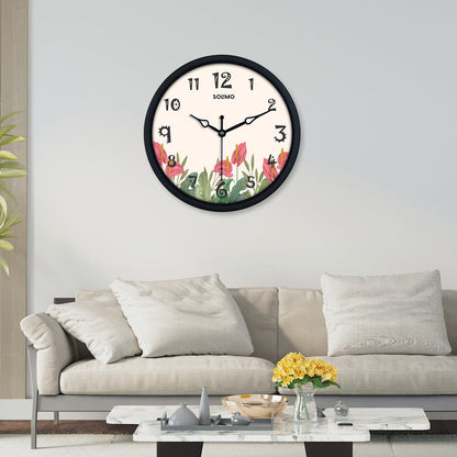 Classic 8-Inch Red Flowers Plastic Wall Clock - Quartz Movement - Battery Operated