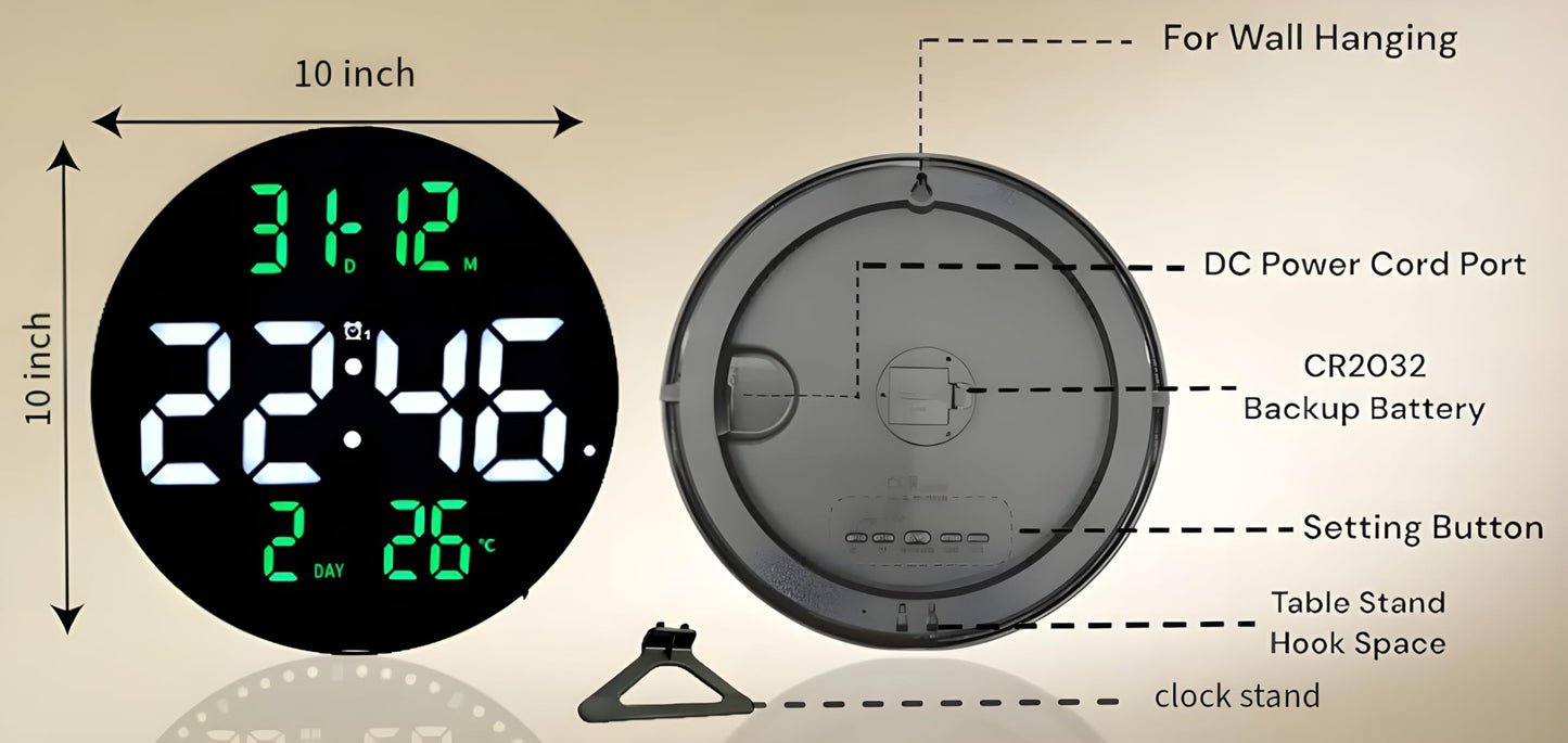 Smart Digital LED Wall Clock with Dual Alarms, 12 Inch, USB Powered, Temperature and Humidity Display