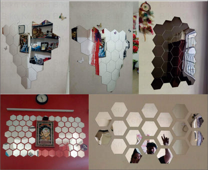 Hexagon Acrylic Wall Mirror Stickers - Decorative 24 cm Silver - Modern Design for Smooth Surfaces