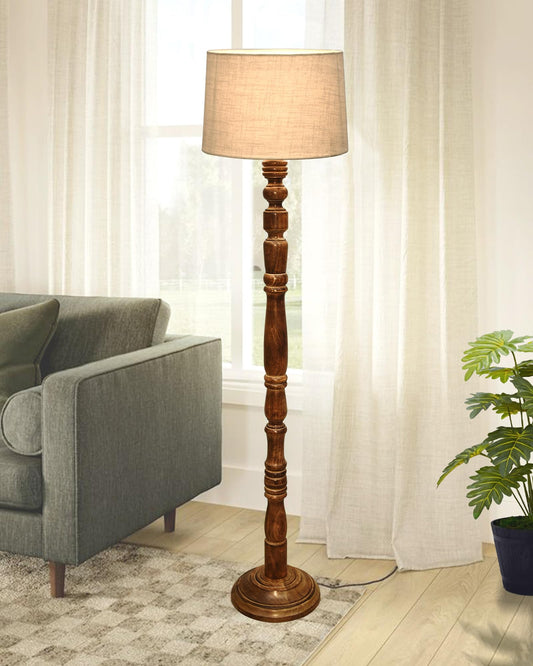 Rustic Floor Lamp with Multicolor Fabric Shade - Walnut Brown - 142x30x28 cm