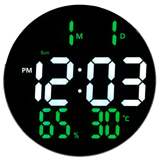 Digital Wall Clock with Remote Control, 10 Inch LED Display, Green, Temperature, Humidity, Alarm