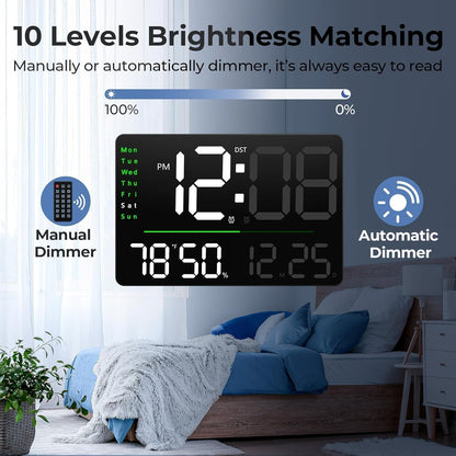 Digital Alarm Wall Clock 16 Inch with Remote Control, Auto Dimming, Temperature & Humidity Display