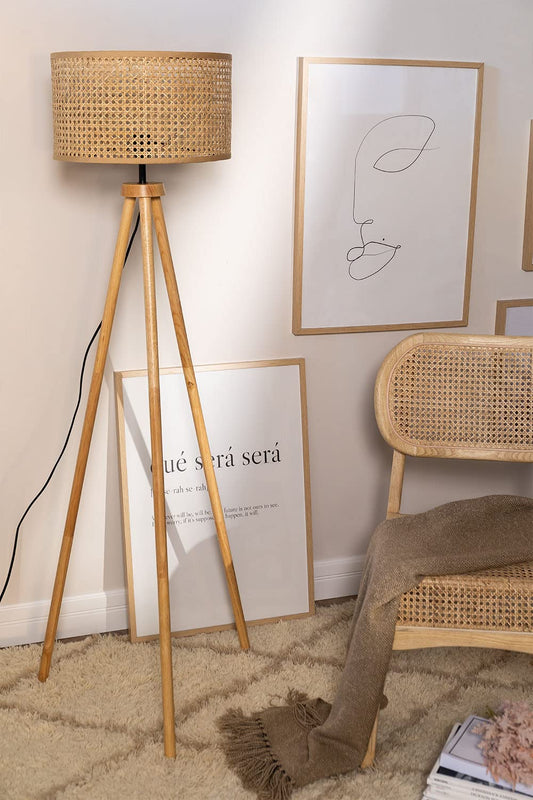 Floor Lamp with Rattan Shade and Tripod Legs - Wooden Eco-Friendly Design - 14" x 8"
