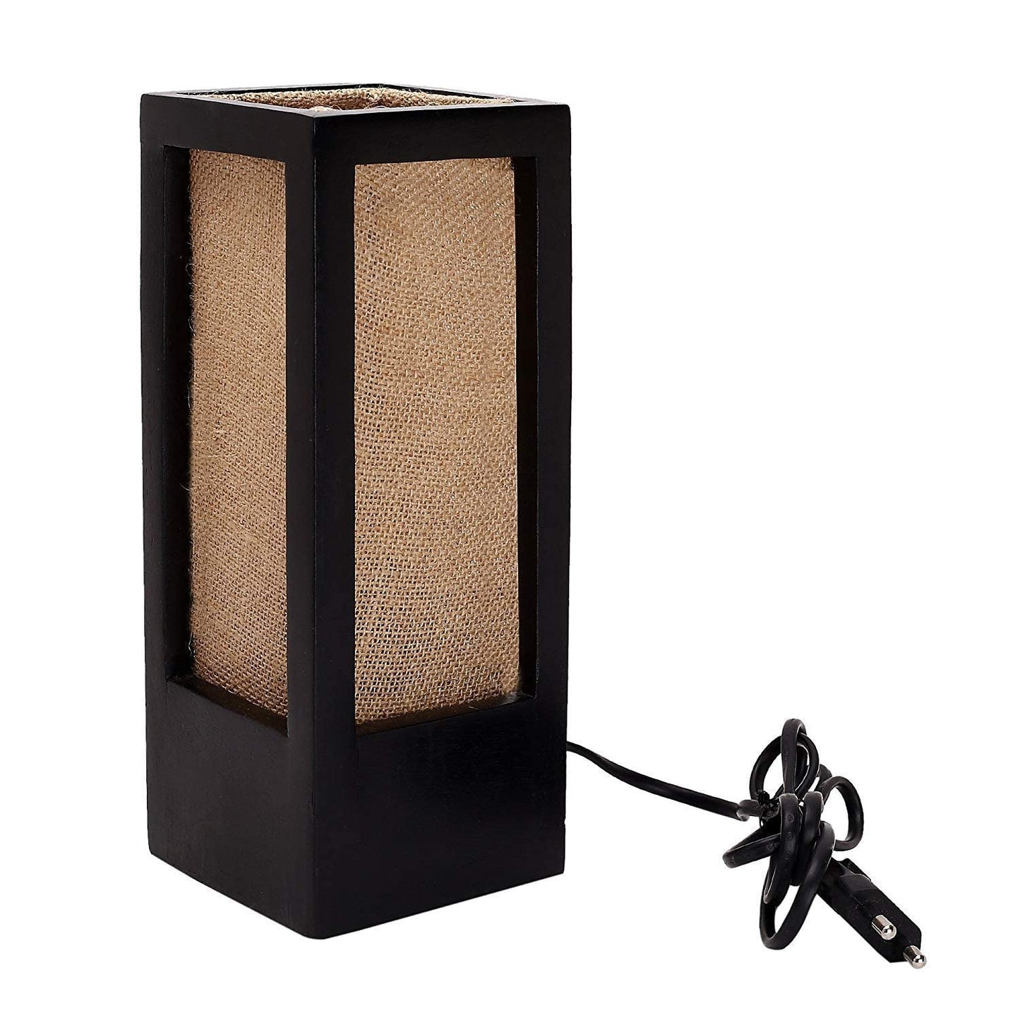 Handcrafted Wooden Table Lamp with Natural Jute Shade - Black Finish - 5 x 5 x 11 inches