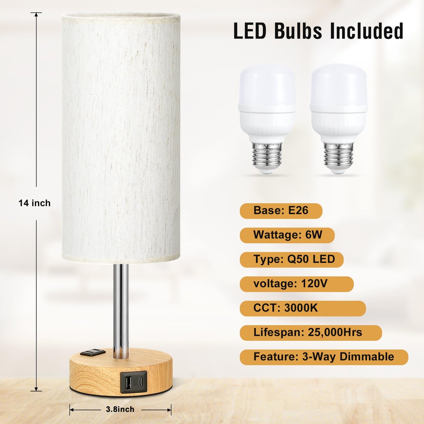 Table Lamp with Touch Control & USB Ports, Wood Base, Flaxen Fabric Shade, LED Bulb Included