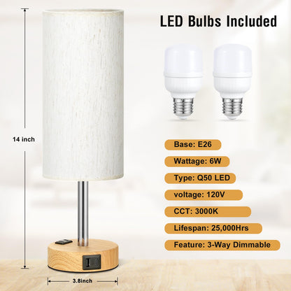 Table Lamp with Touch Control & USB Ports, Wood Base, Flaxen Fabric Shade, LED Bulb Included
