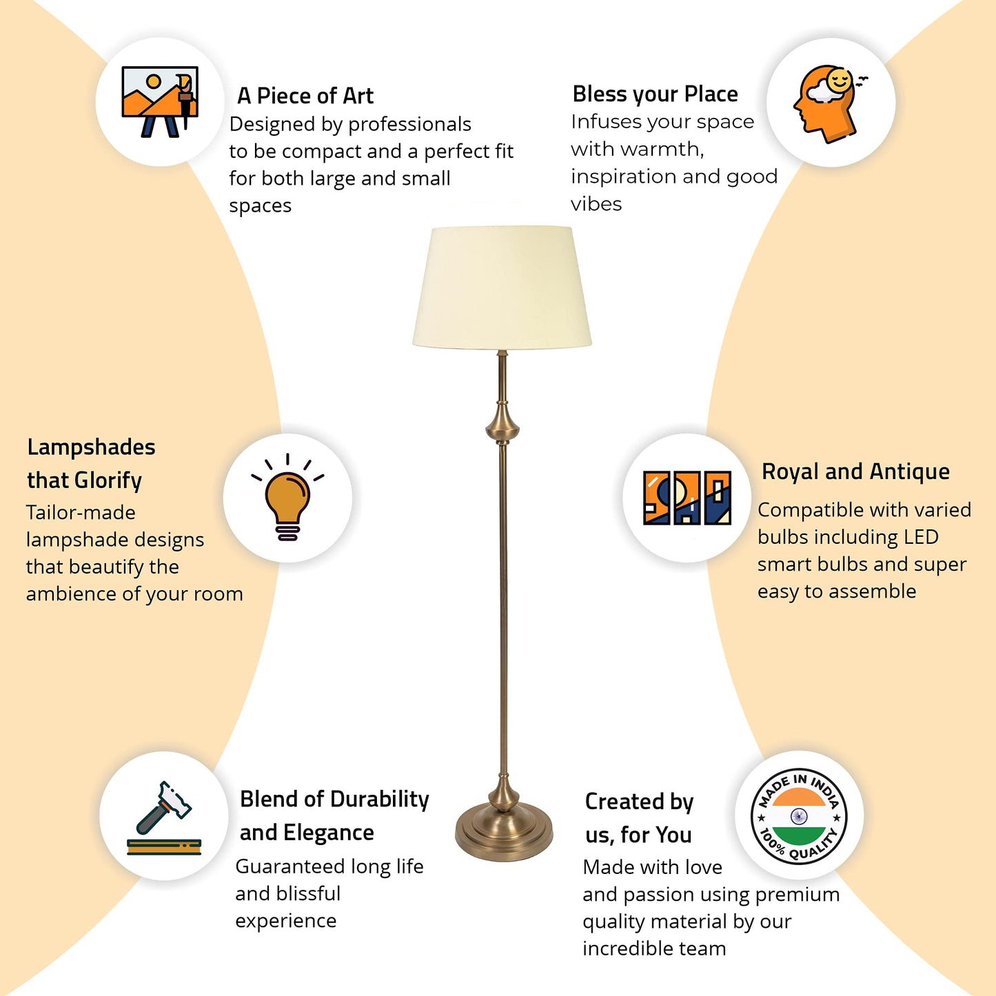 LED Floor Lamp Antique Brass Finish 5Ft Height with Cream Lampshade