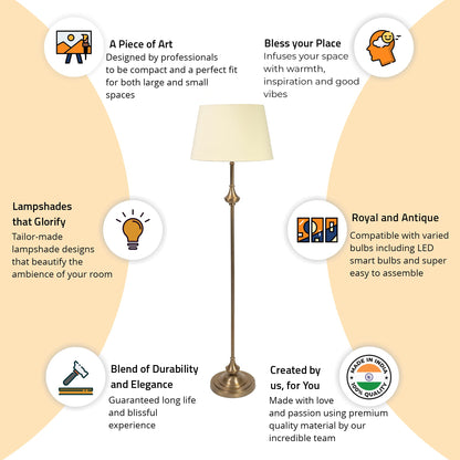 LED Floor Lamp Antique Brass Finish 5Ft Height with Cream Lampshade