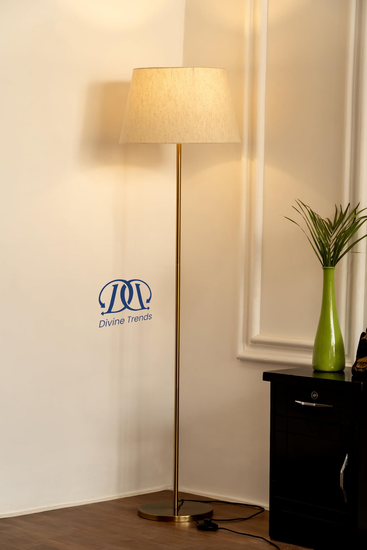 LED Floor Lamp with Antique Brass Finish, 5Ft Height, Off White Lampshade