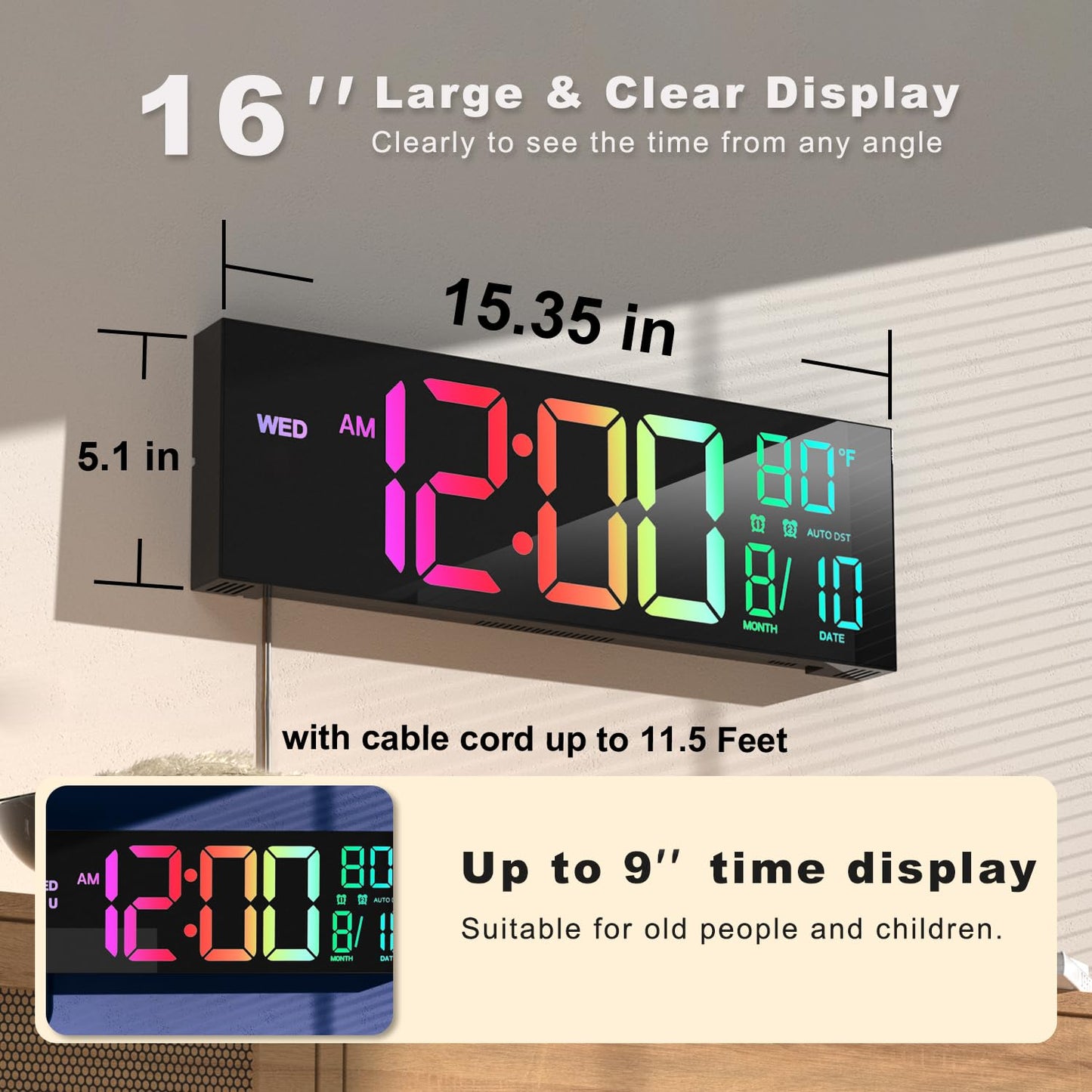 Digital Wall Clock with Remote Control, 16-Inch LED Display, Black