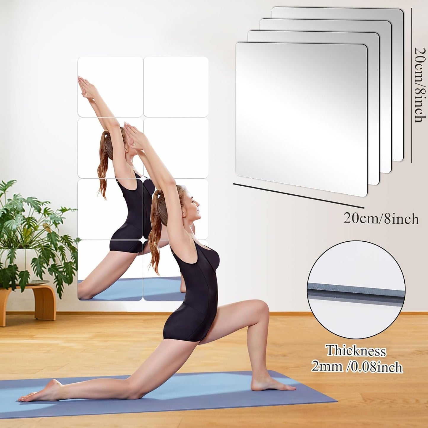 Frameless Acrylic Mirror Tiles - 2MM Thick, 8 x 8 Inch, Transparent, Self-Adhesive, Set of 4