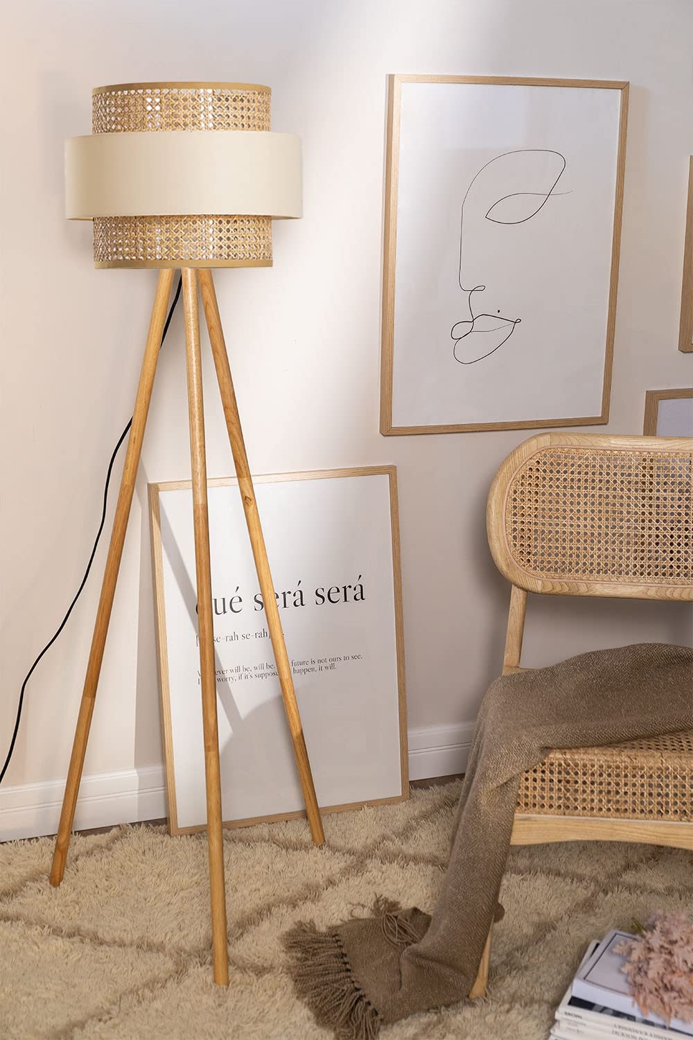 Standing Floor Lamp with Rattan Shade and Tripod Legs - Bamboo - 14" D x 11"