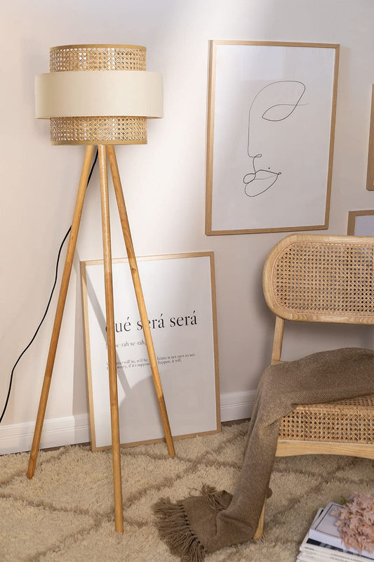 Standing Floor Lamp with Rattan Shade and Tripod Legs - Bamboo - 14" D x 11"