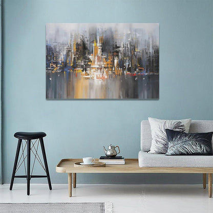 Abstract City Skyline Canvas Painting Grey and Yellow 24"x16" Modern Art for Home Office Decor
