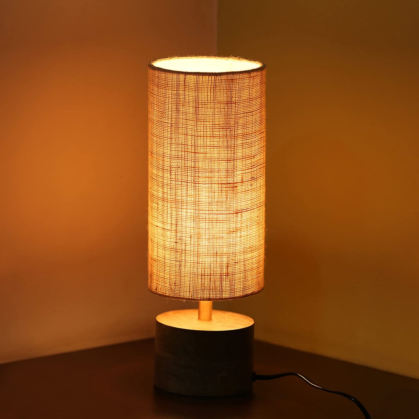 Table Lamp Handcrafted Mango Wood & Linen 14 Inch - Modern Bedside Lighting