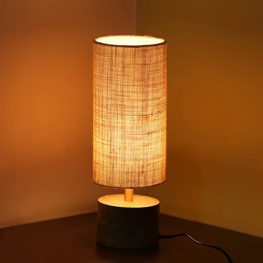 Table Lamp Handcrafted Mango Wood & Linen 14 Inch - Modern Bedside Lighting