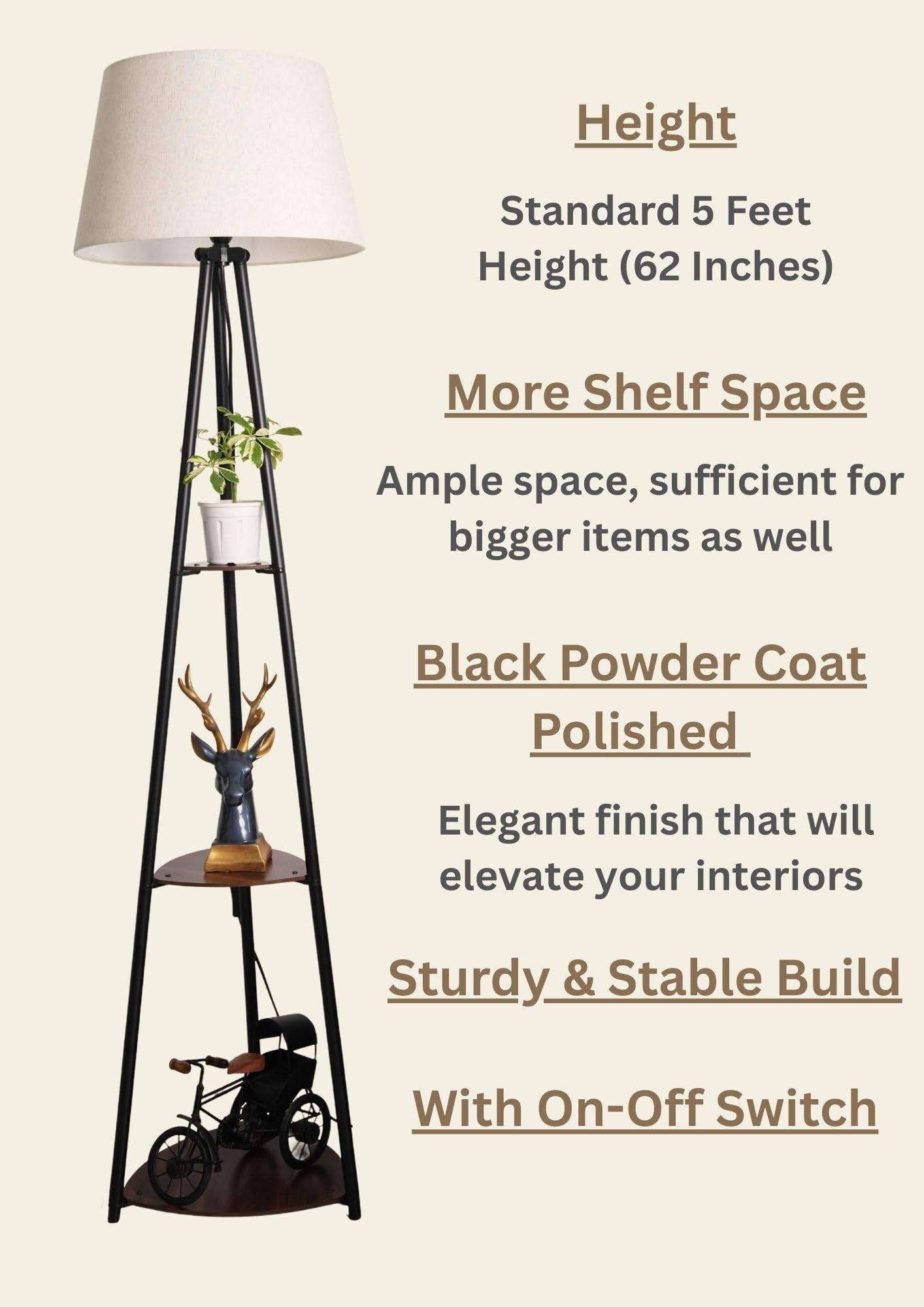 Shelf Floor Lamp with 3 Wooden Shelves, Black Finish, 5 Feet Height, LED Bulb Included