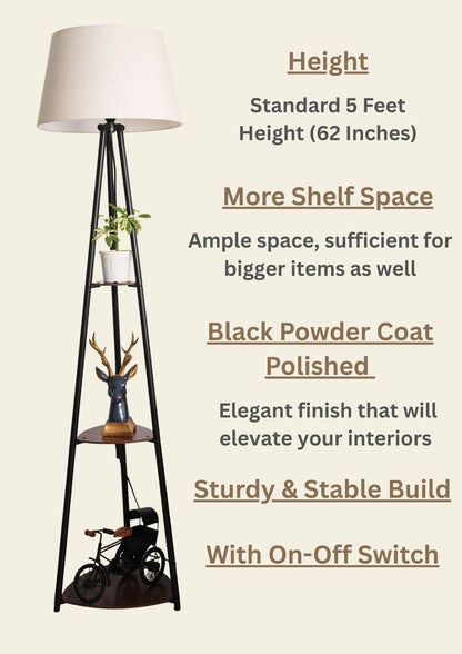 Shelf Floor Lamp with 3 Wooden Shelves, Black Finish, 5 Feet Height, LED Bulb Included