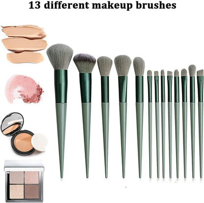 13-Piece Green Makeup Brush Set with Travel Bag for Beginners