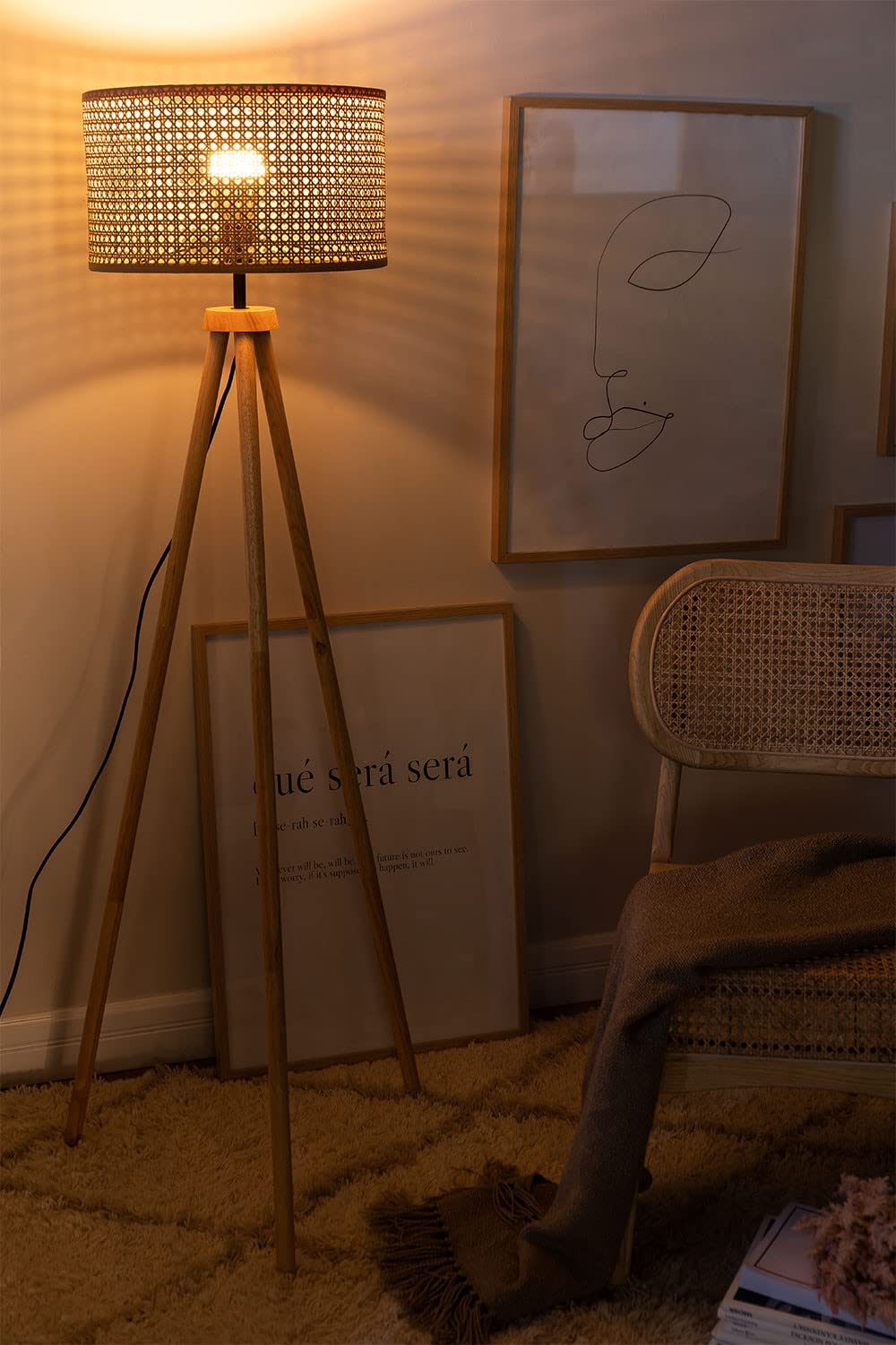 Floor Lamp with Rattan Shade and Tripod Legs - Wooden Eco-Friendly Design - 14" x 8"