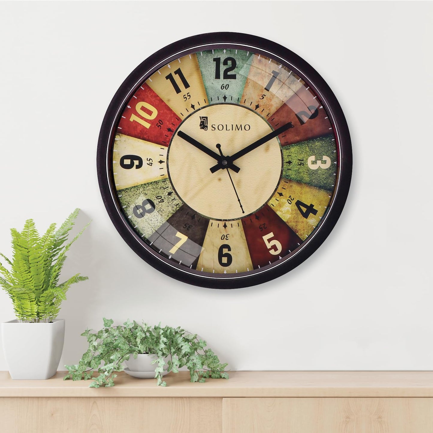 Wall Clock with Silent Movement, 12 Inch Diameter, Black Plastic Frame with Glass Face