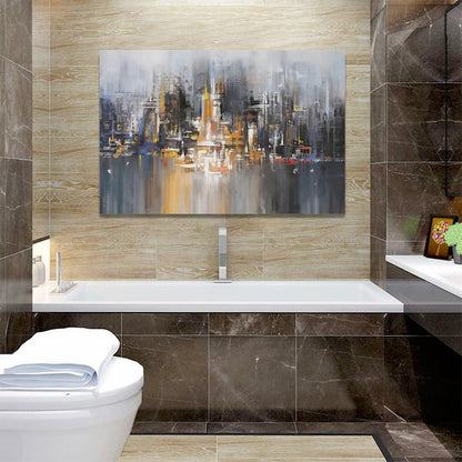 Abstract City Skyline Canvas Painting Grey and Yellow 24"x16" Modern Art for Home Office Decor