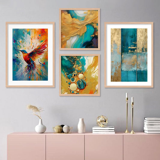Wall Painting Set of 4 - Rectangular Framed Artwork - 10 inch x 13 inch - Engineered Wood Frame