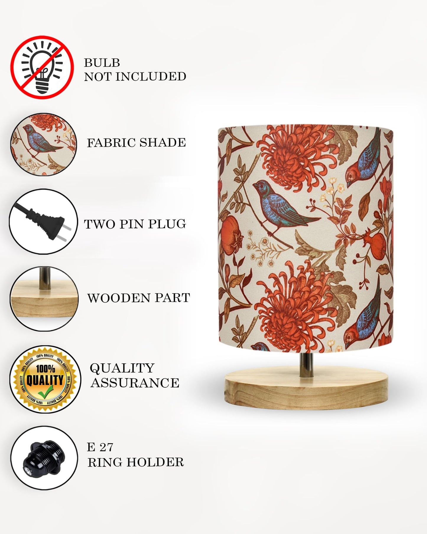Table Lamp with Floral Fabric Shade - Wooden Base - 24x14x15cm - Multicolor