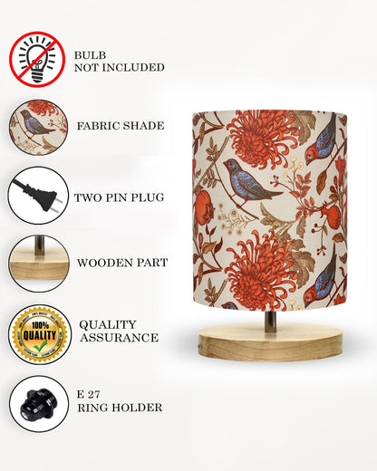 Table Lamp with Floral Fabric Shade - Wooden Base - 24x14x15cm - Multicolor