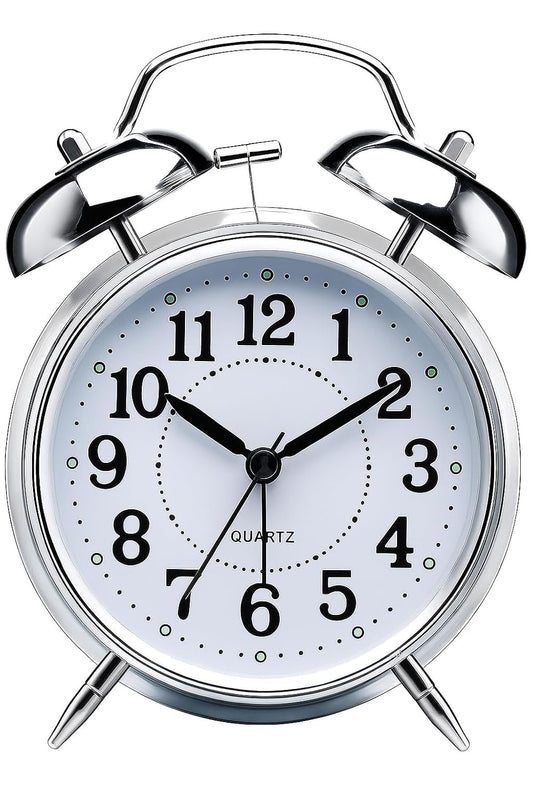 Retro Twin Bell Table Alarm Clock – Metal Frame, Night Backlight, Silent Movement, High-Volume Alarm for Heavy Sleepers, Bedroom, Office, Living Room, Home Décor (Silver)