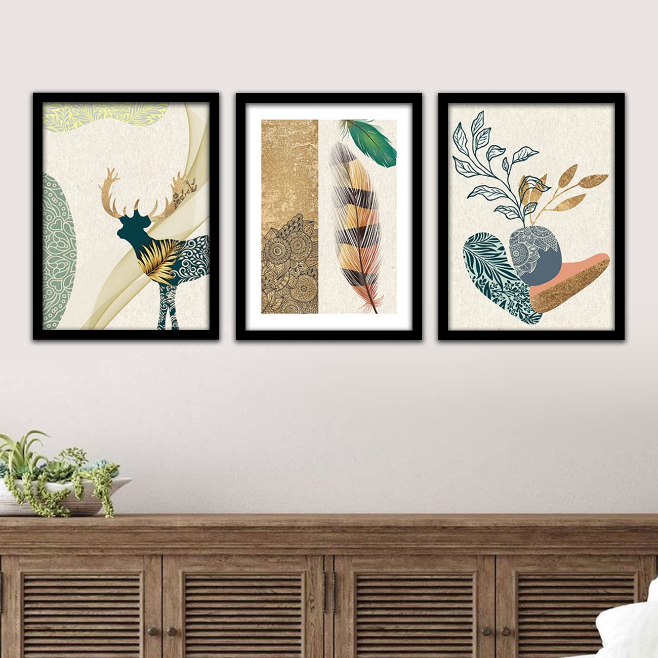 Framed Canvas Painting Set of 3 - Modern Art Wall Decor - Black Frame - 10 x 13 inch