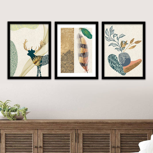 Framed Canvas Painting Set of 3 - Modern Art Wall Decor - Black Frame - 10 x 13 inch