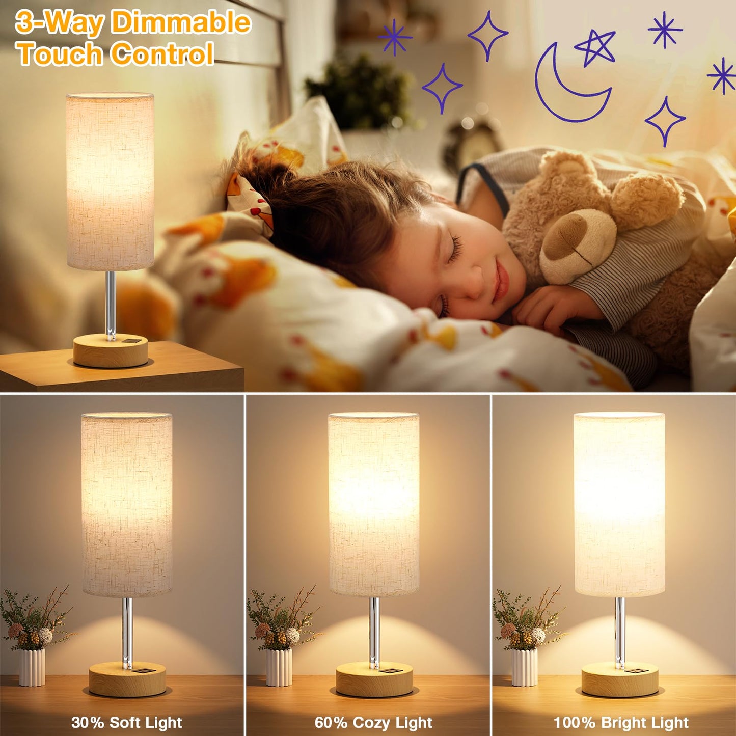 3-Way Dimmable Touch Control Wood Table Lamp with USB Charging Station - 6W LED Bulb Included