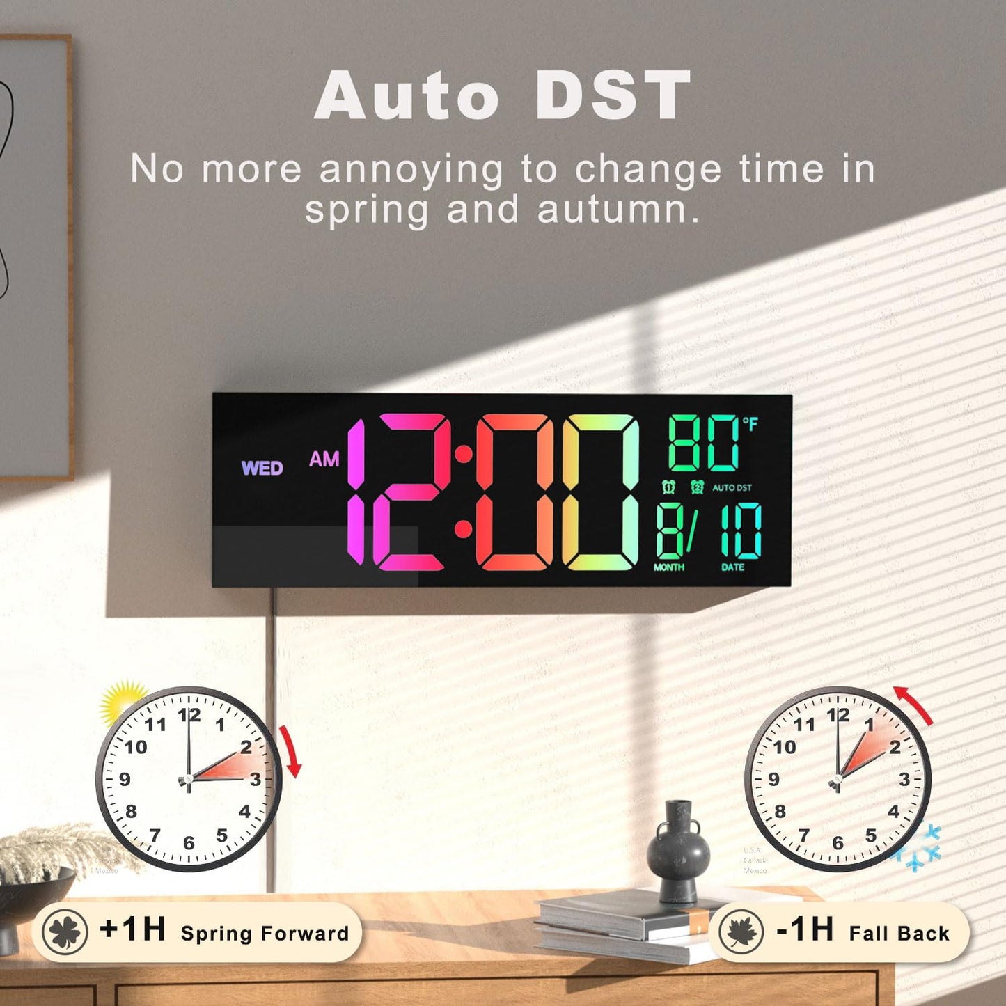 Digital Wall Clock with Remote Control, 16-Inch LED Display, Black