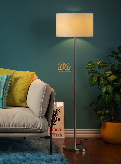LED Floor Lamp Modern Design Stainless Steel Finish 5Ft Height Off White Lampshade 16 Inches