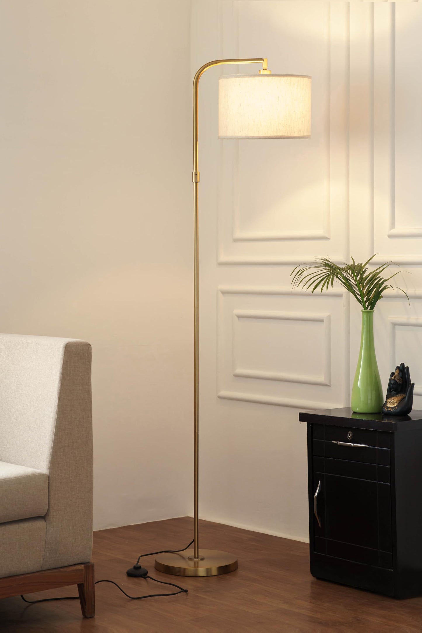 Modern Arc Floor Lamp with Adjustable Shade Brass Antique 6Ft Height 12 Inch Off White Drum Lampshade