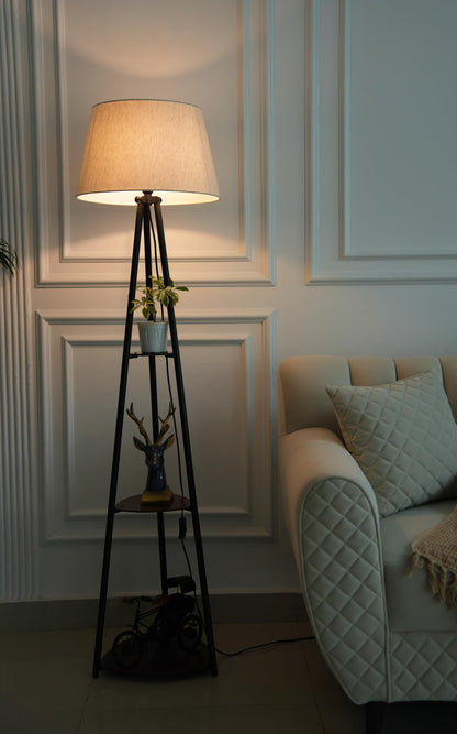 Shelf Floor Lamp with 3 Wooden Shelves, Black Finish, 5 Feet Height, LED Bulb Included