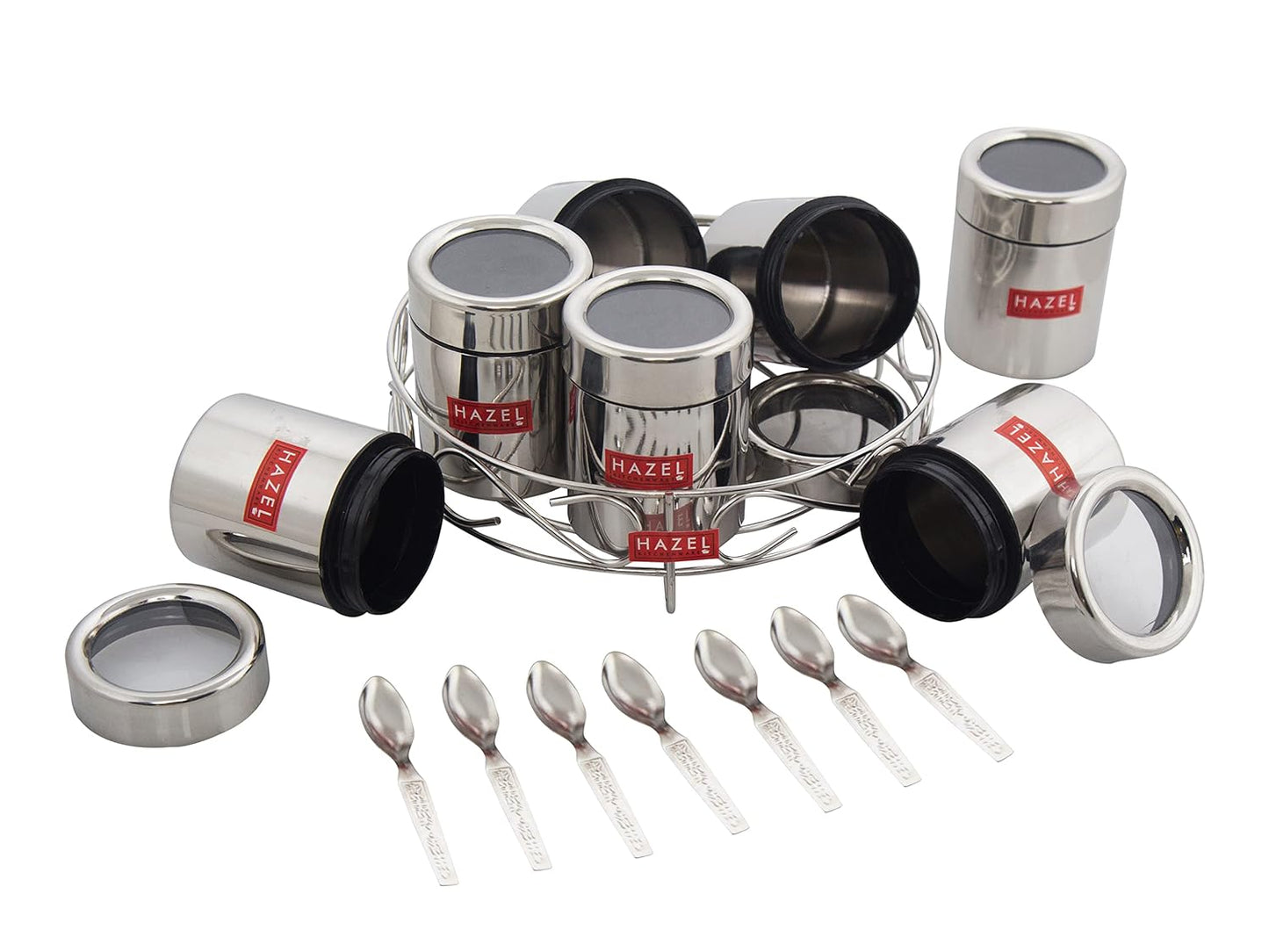 HAZEL Stainless Steel Masala Container|Masala Boxes for Kitchen with 7 Spoons(Set of 7)