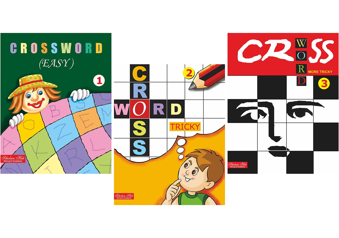 Scholars Hub Crossword Puzzle Book For Kids (Easy-1, Tricky-2, Difficult-3) (Set Of 3 Books) (144 Pages ) ( With Answers)